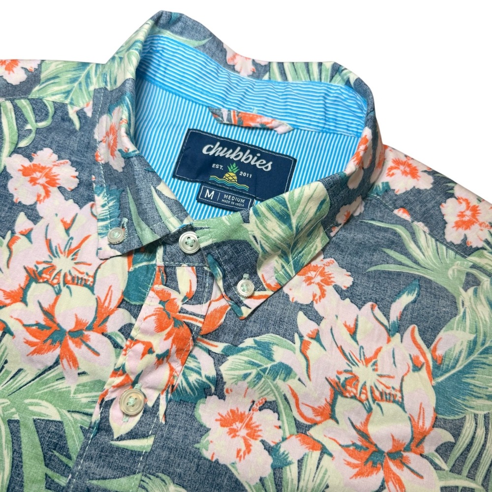 Chubbies Mens Medium Floral Hawaiian Shirt Reverse Short Sleeve Button Down Navy